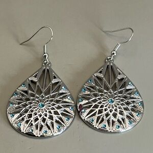 Silver Teardrop Earrings with Blue Crystal Accents